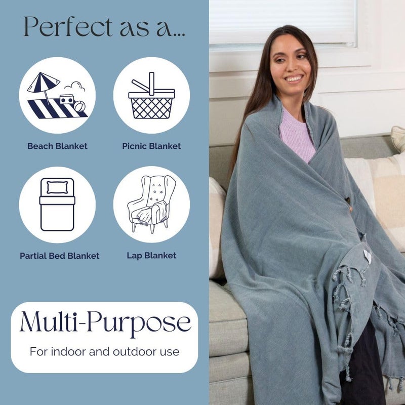 InfuseZen Stonewashed Turkish Throw Blanket - 100% Organic Turkish Cotton - 80" x 48" - Soft, Lightweight, Cozy - for Love Seat, Sofa, Picnic, Yoga - Sand Free Absorbent Beach Blanket - Denim - Image 4